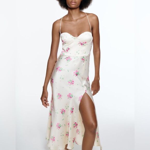 Zara Satin Floral Print Dress New - Picture 6 of 12
